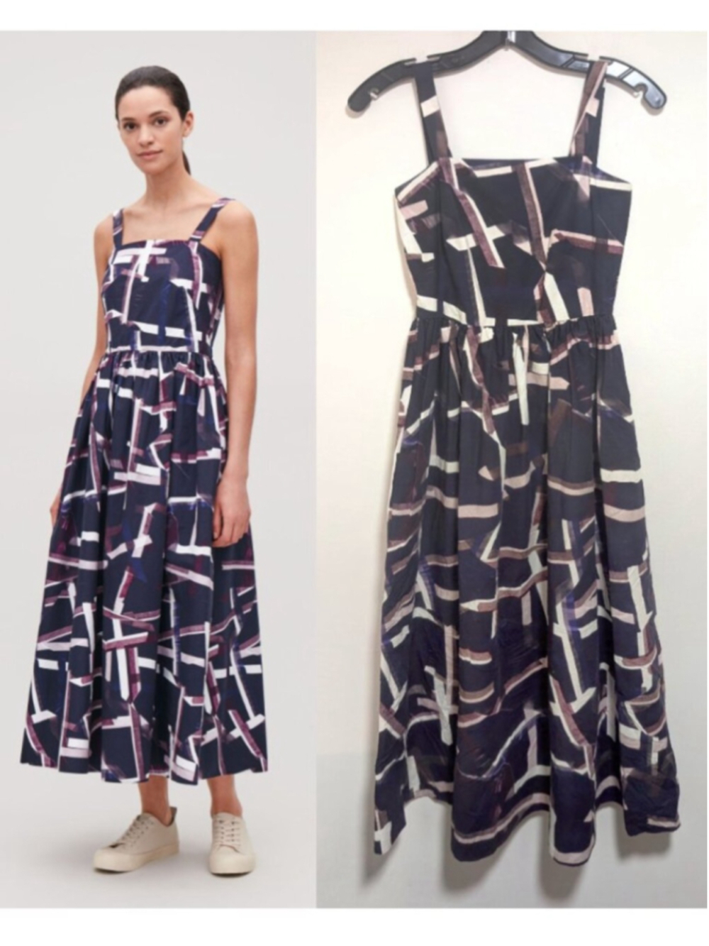 COS | Printed Voluminous Shape Cotton Midi Dress In Navy Burgundy White